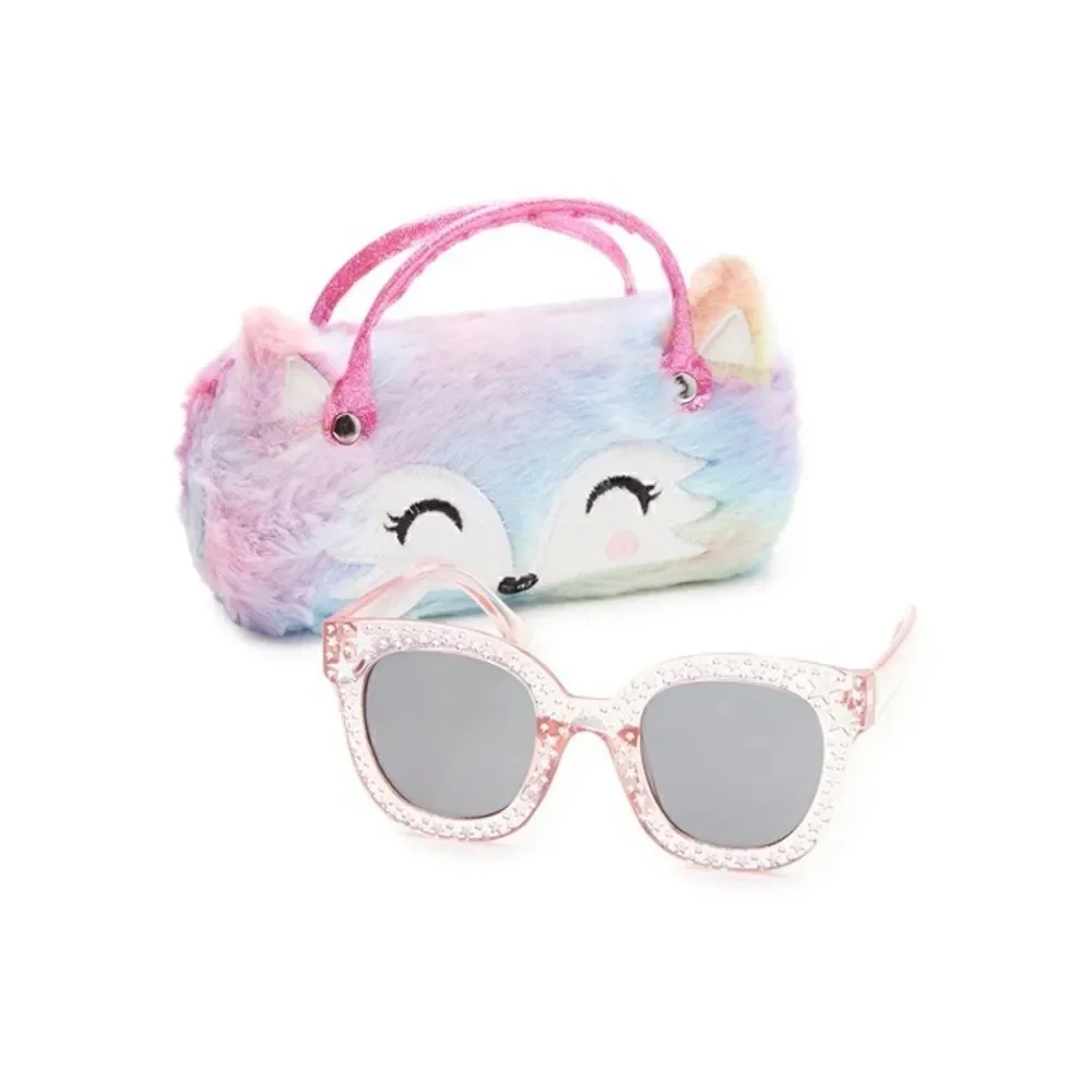 Girls Fun Summer Sunglasses With Unicorn & Fox, Faux Fur Carrying Cases